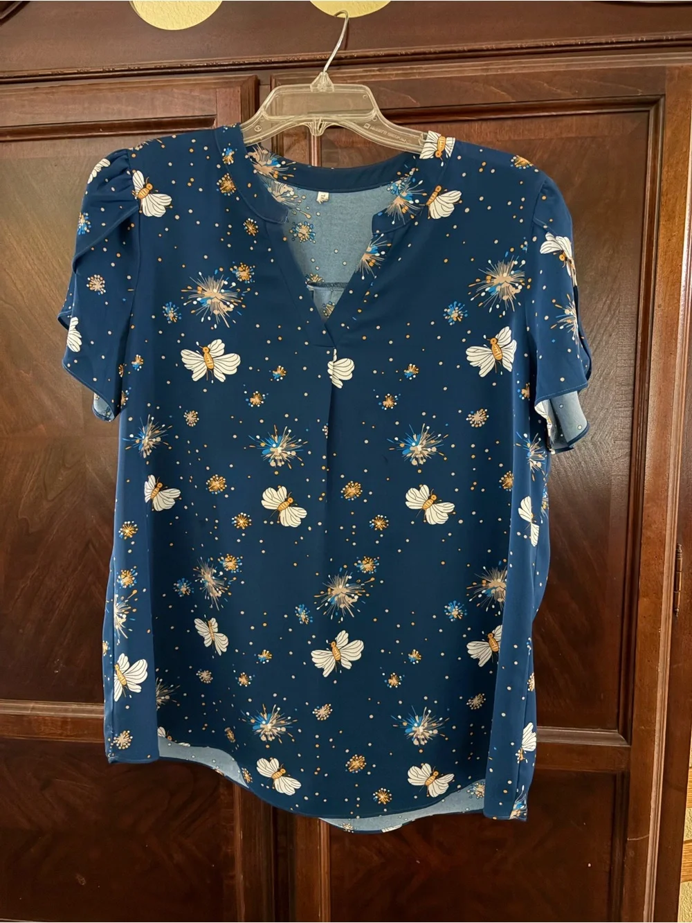 Womens Navy Floral Bee Print V-Neck Top